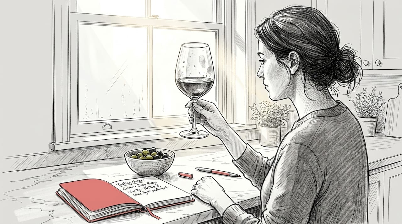 Woman inspecting wine glass in kitchen