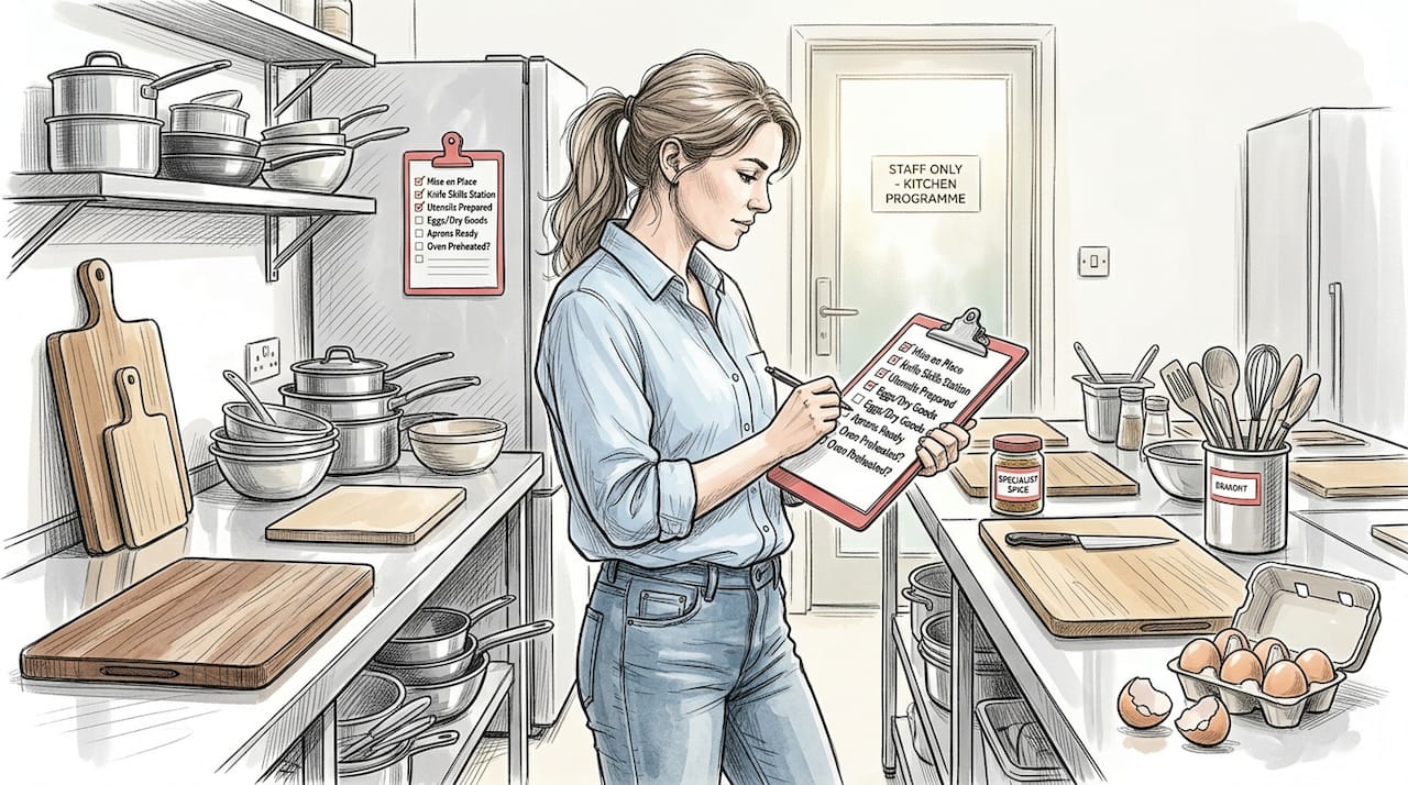 Organiser checking workstation setups in kitchen