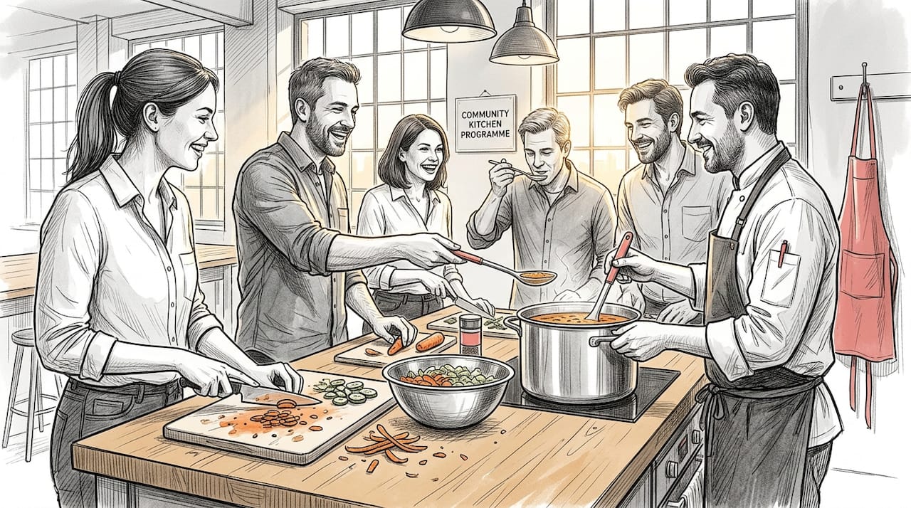 Colleagues cooking together in group kitchen