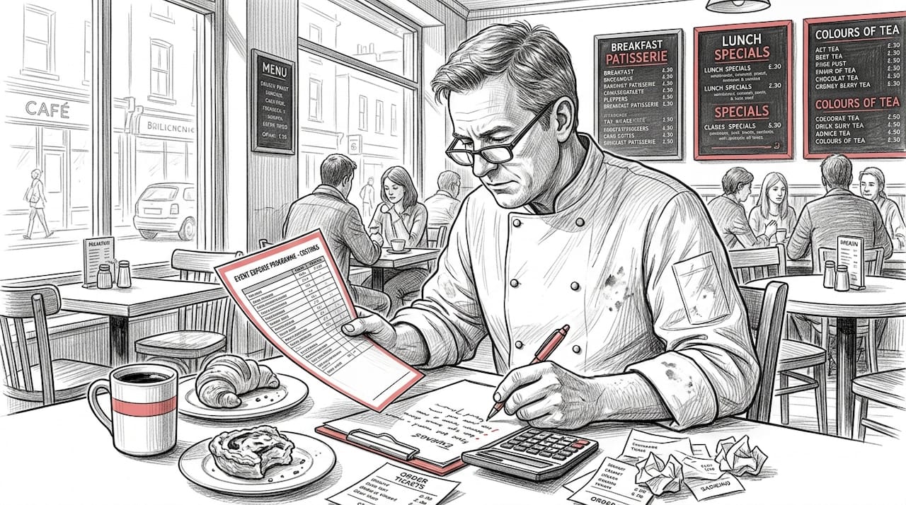 Chef reviewing budget at crowded café table