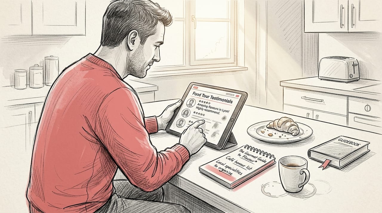 Man reading culinary tour reviews in kitchen
