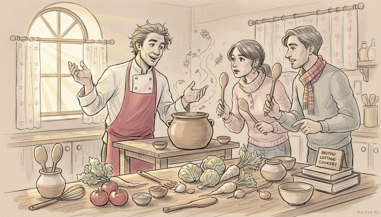 Chef guiding travelers in casual kitchen workshop