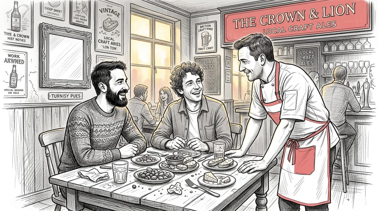 Friends talk with chef at casual eatery