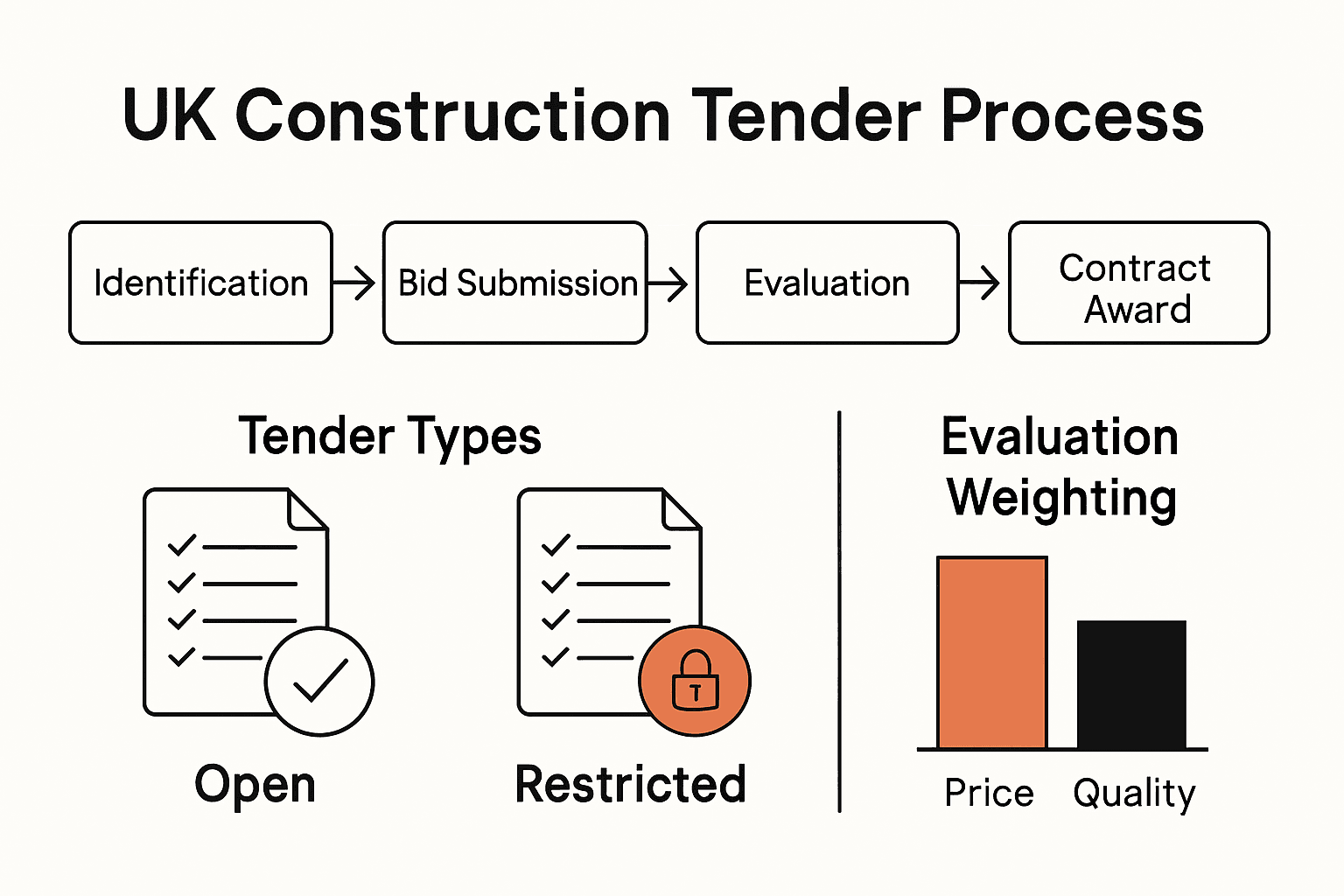 Infographic outlining UK construction tender process and evaluation criteria