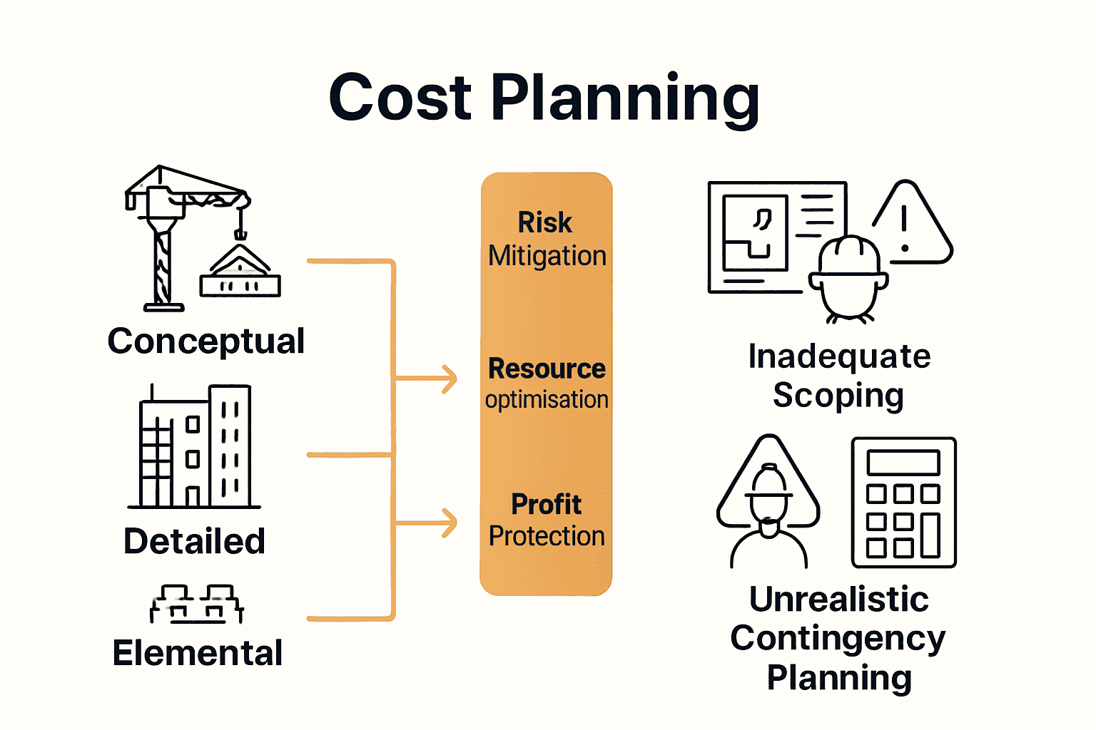 Infographic summarizing UK construction cost planning stages, benefits, and pitfalls