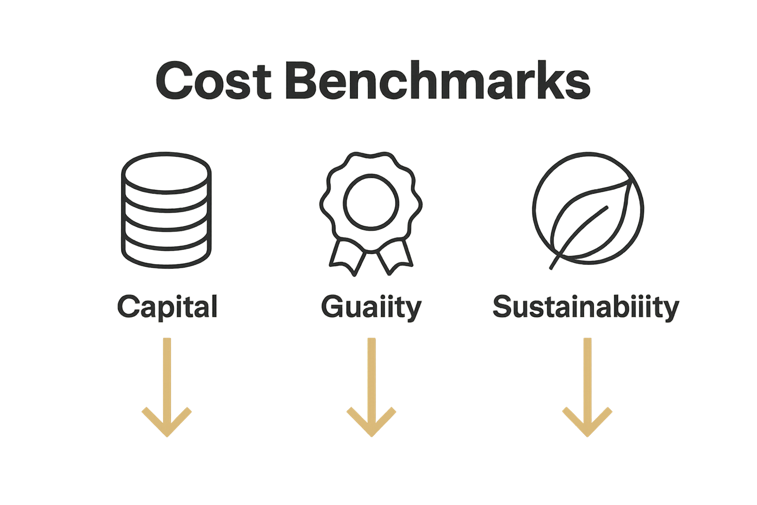 Infographic comparing capital, quality, and sustainability construction cost benchmarks with icons and arrows