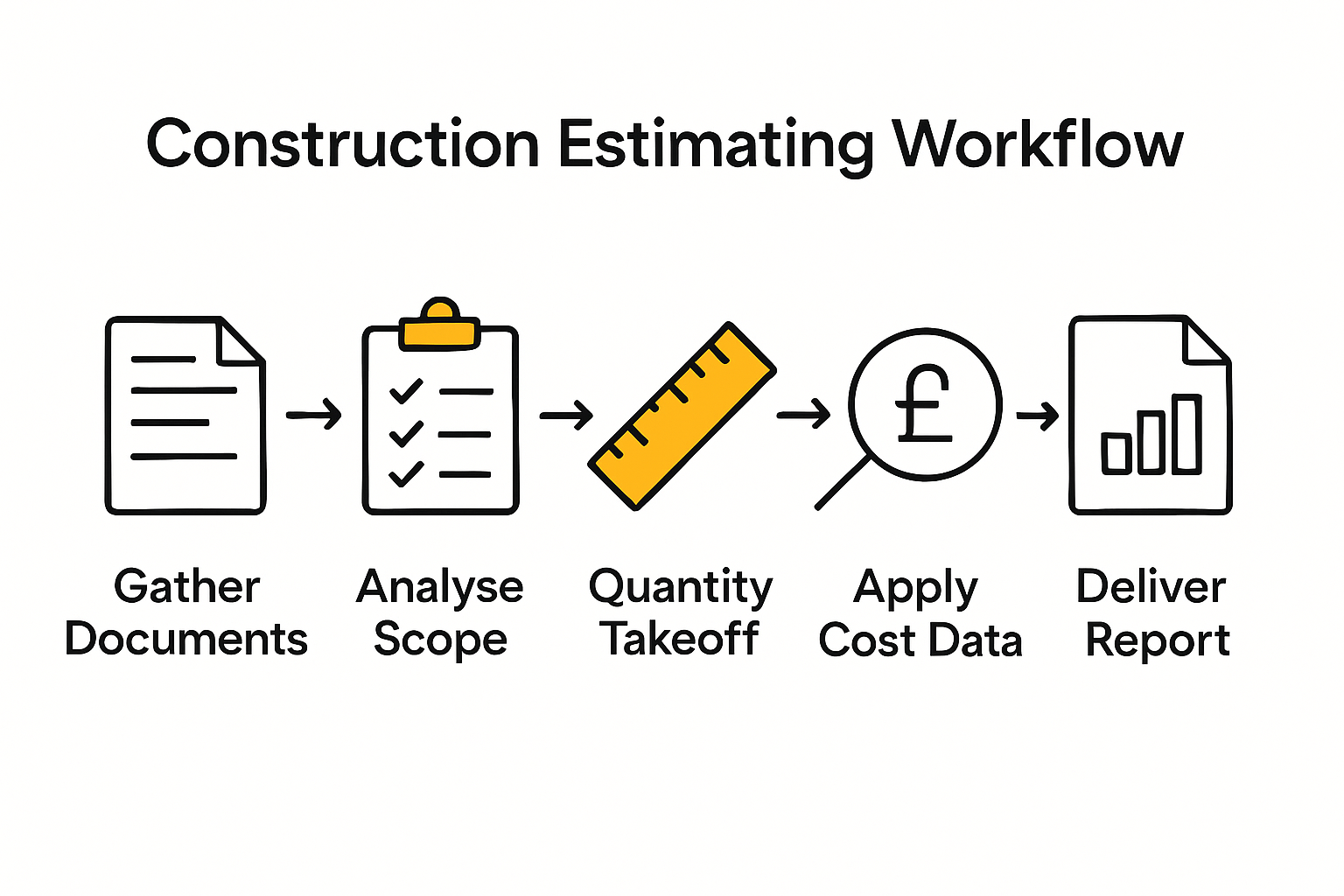 Infographic showing six-step construction estimating workflow from gathering documents to delivering final report.