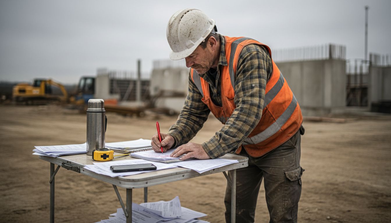 Foreman marking up cost documents onsite