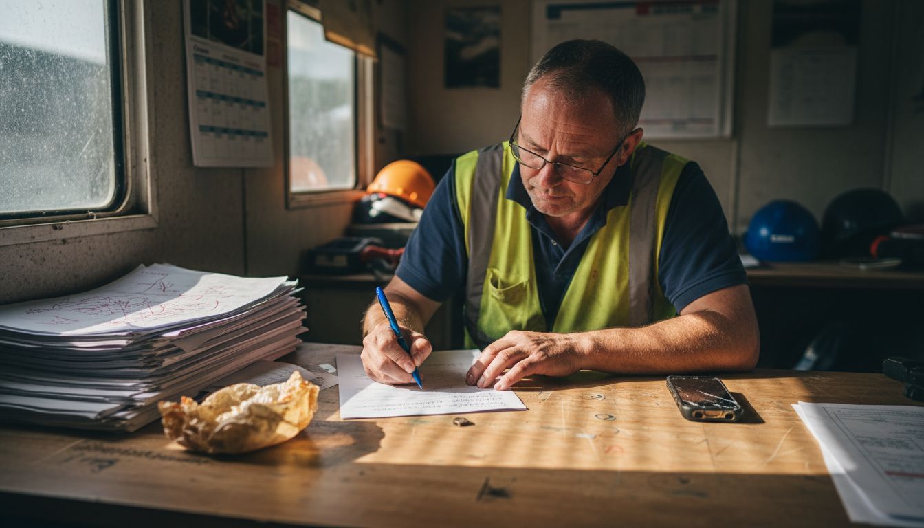 Contractor completing tender paperwork in trailer