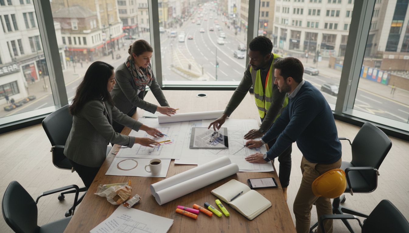 Construction team reviews planning documents