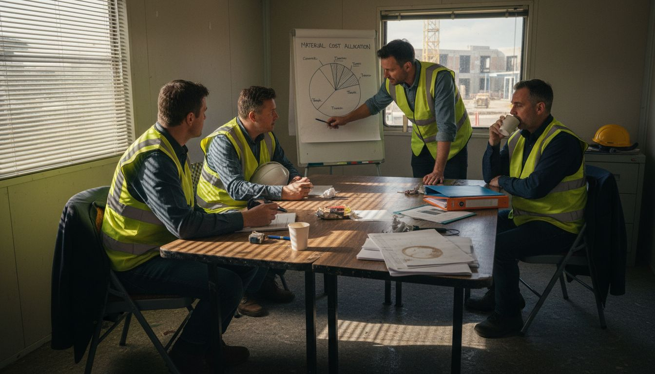 Construction team analyzing breakdown chart