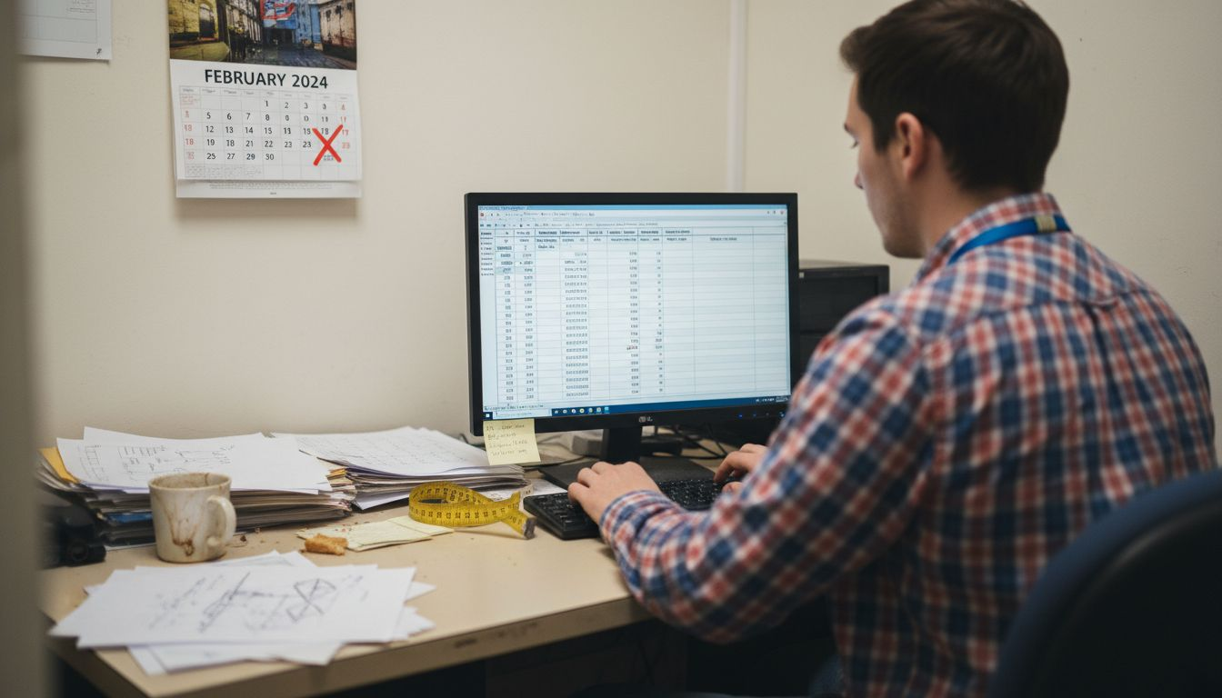 Estimator entering data at cluttered desk