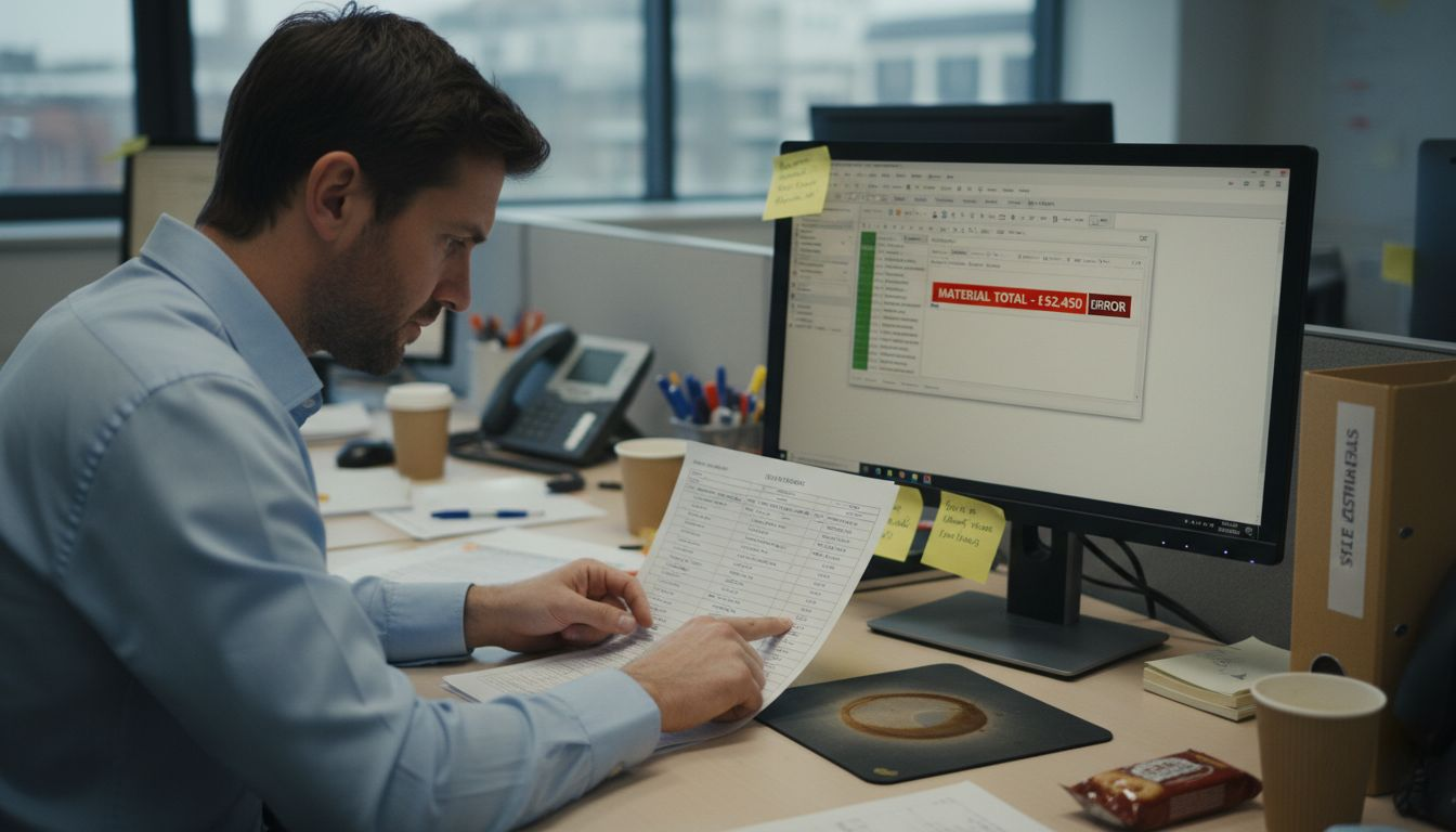 Estimator reviewing quantity takeoff spreadsheet