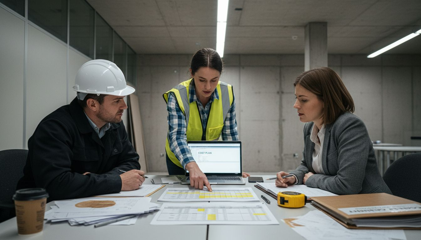 Construction team discussing project budget plan