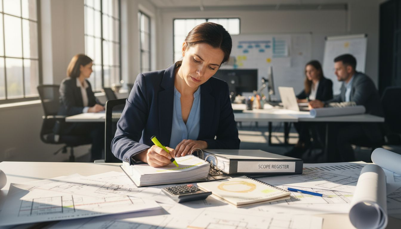 Surveyor reviewing scope register at desk