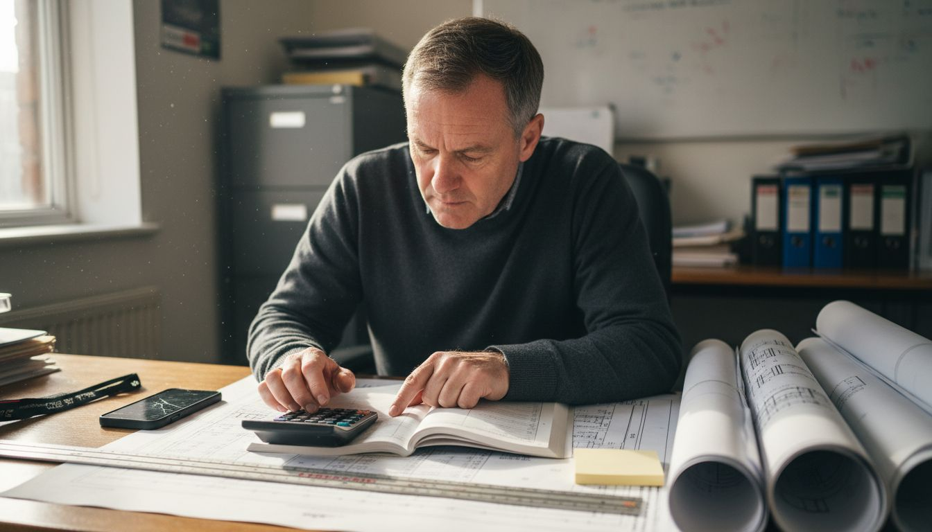 Surveyor checking project cost estimates at desk