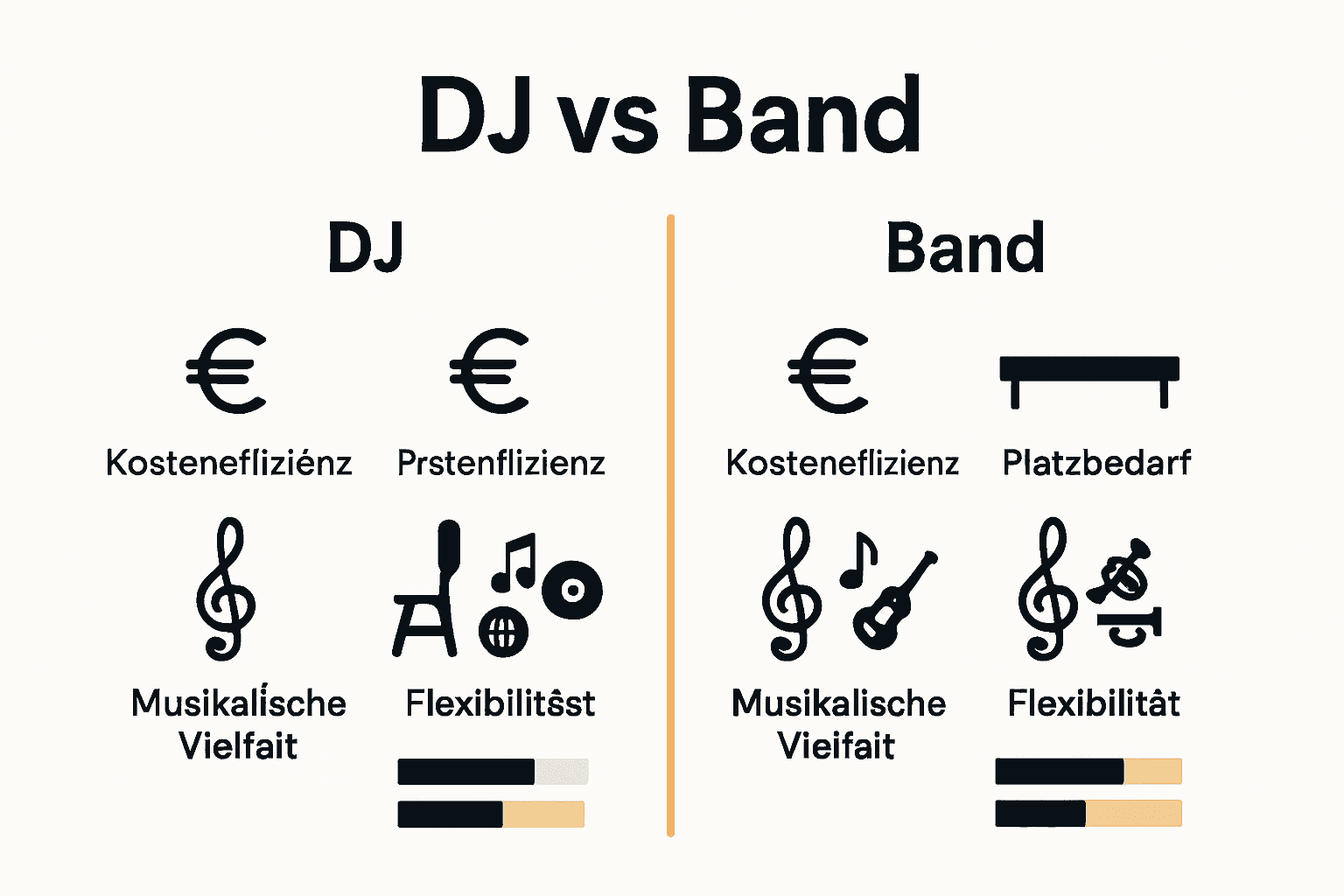 Vergleich DJ und Band bei Hochzeiten: Kosten, Platz, Musikvielfalt.