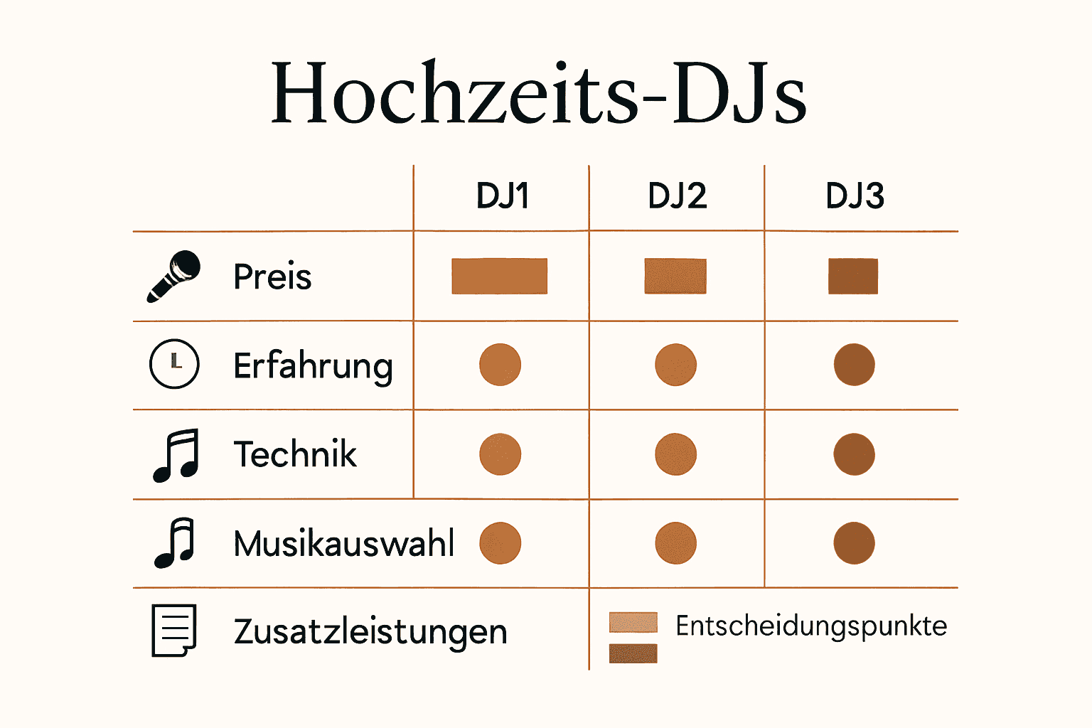 Vergleichstabelle Hochzeits-DJ mit Symbolen und Kriterien.