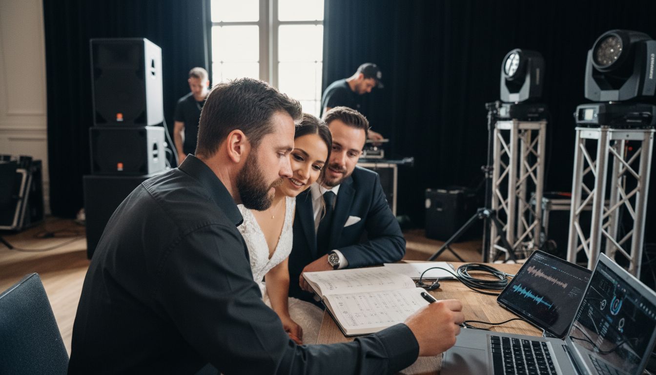 DJ plant Musikablauf mit Hochzeitspaar