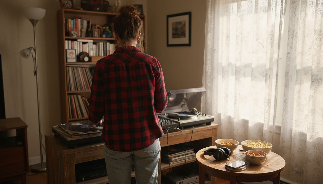 DJ preparing music selection at home