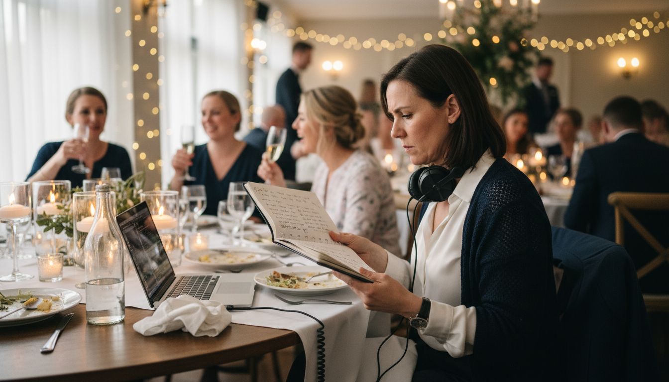 DJ planning wedding music schedule at table