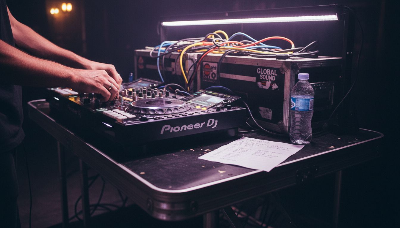 Detail hands operating DJ controller backstage