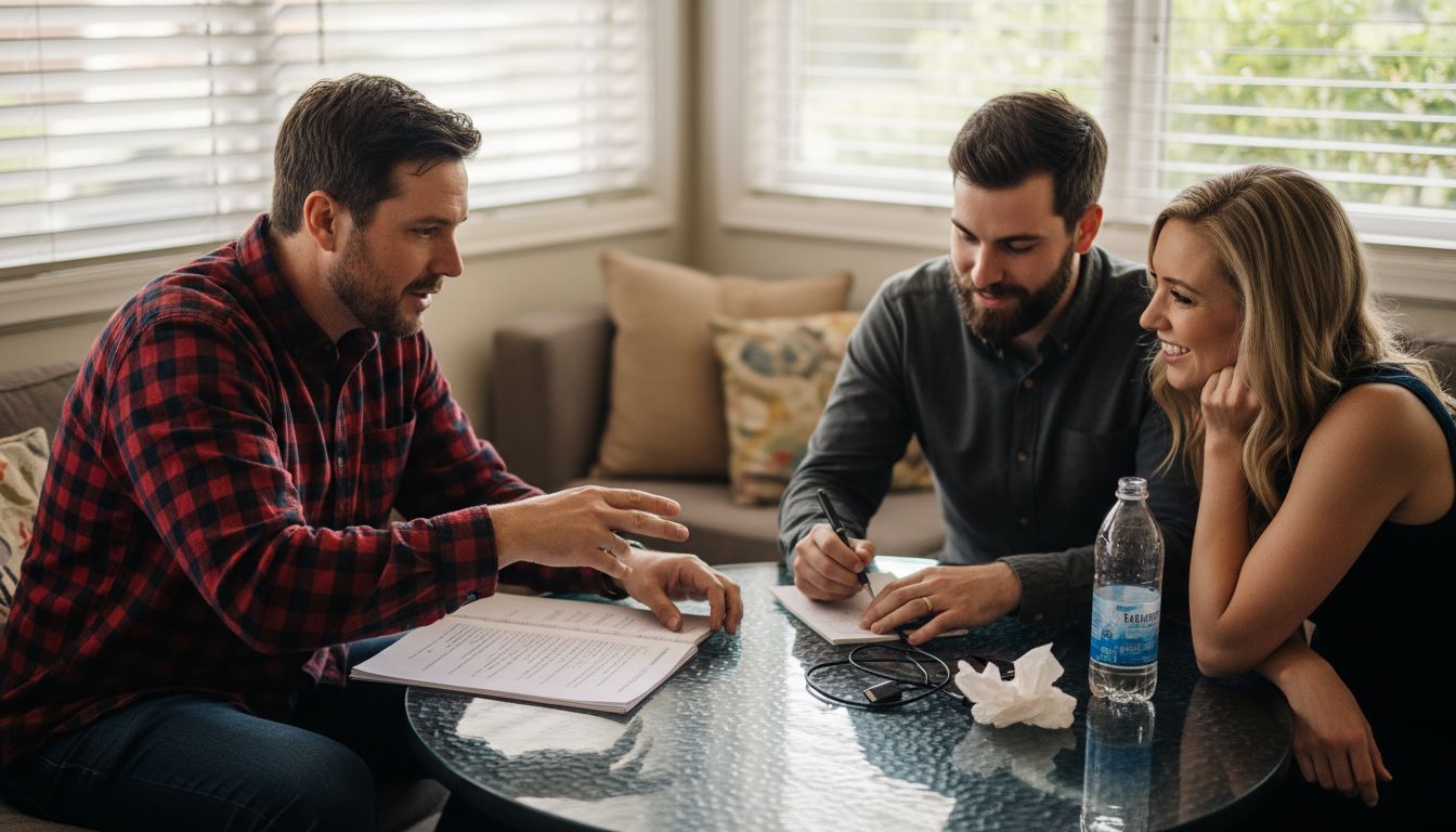 DJ meeting wedding couple over song list