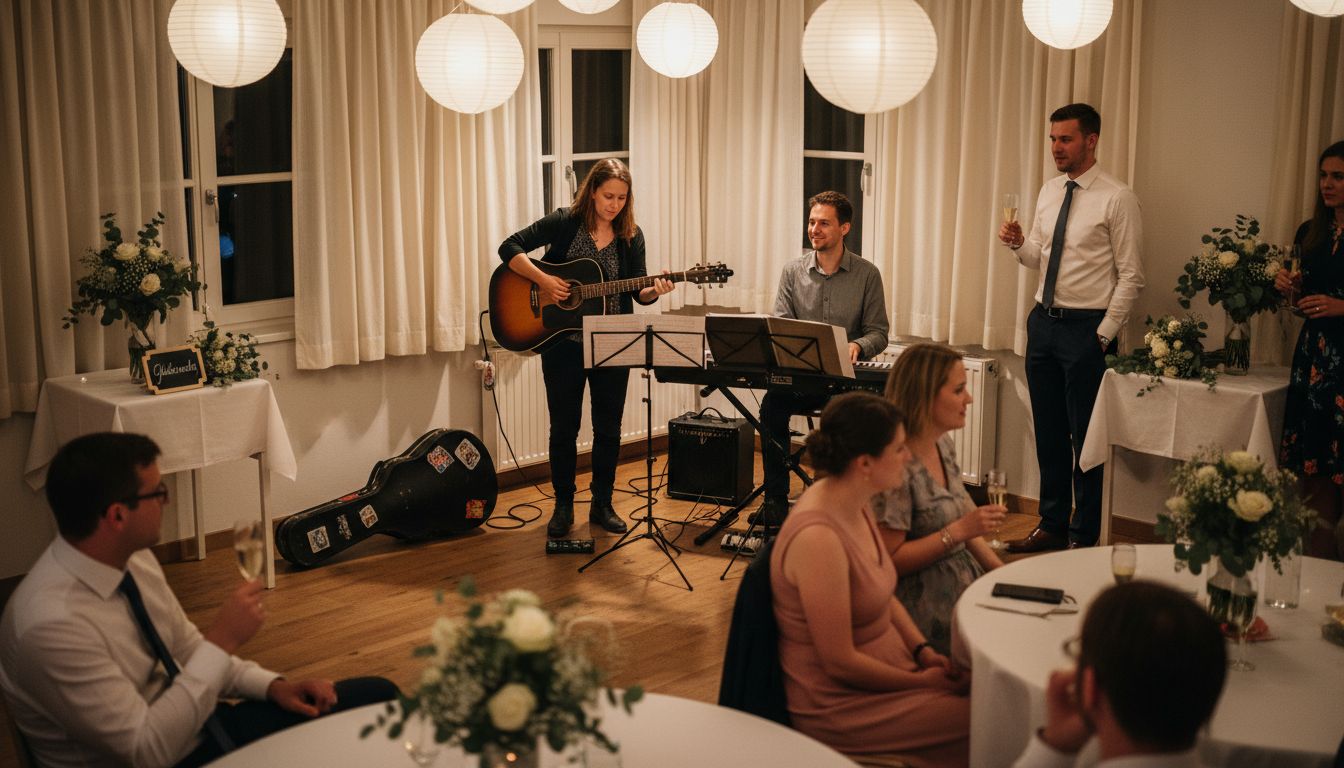 Musikwünsche für Hochzeit Guide: Perfekte Playlist erstellen 2 Akustikmusiker sorgen in einer gemütlichen Ecke des Festsaals für stimmungsvolle Live-Musik während des Hochzeitsempfangs.