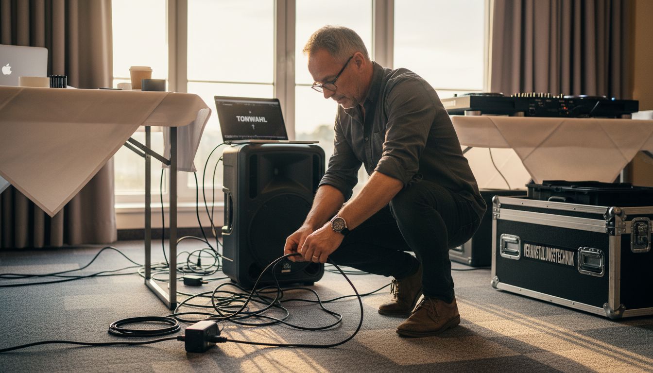 Ein DJ bereitet die Tontechnik für eine Firmenveranstaltung vor.