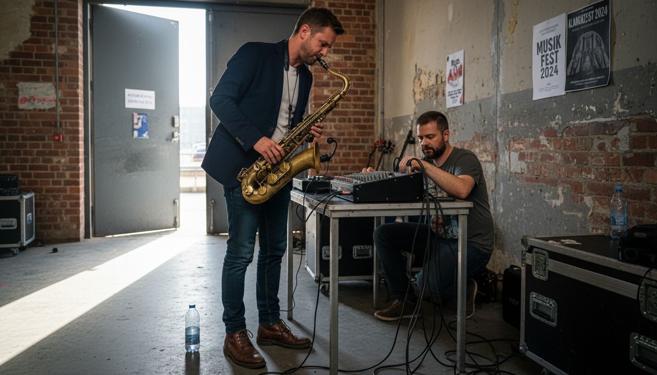 Rolle von Saxophonisten beim DJ‑Event in München 3 Ein Saxophonist und ein DJ bereiten gemeinsam ihr technisches Equipment für den Auftritt vor.