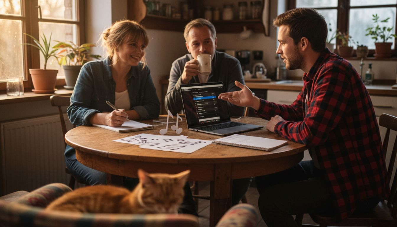 Ein zukünftiges Brautpaar bespricht gemeinsam mit dem DJ in entspannter Atmosphäre zu Hause die Musikauswahl für die Hochzeitsfeier.