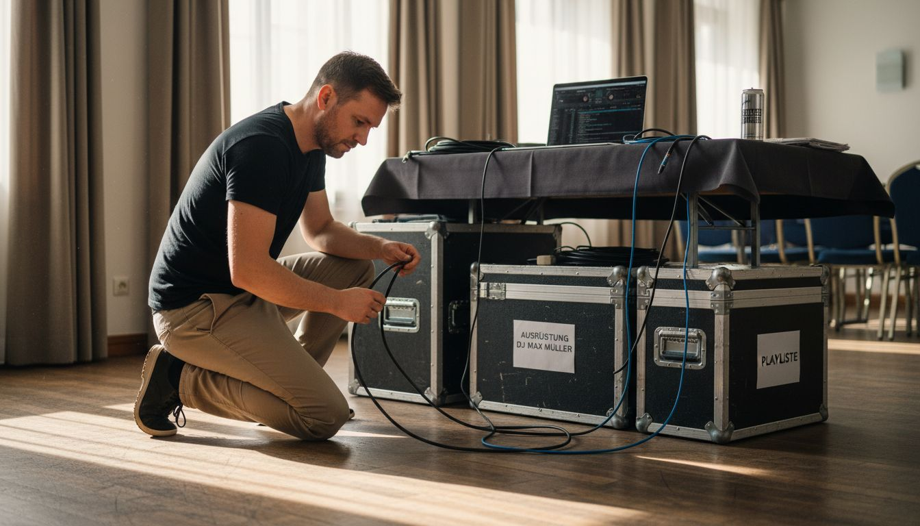 Ein DJ baut seine Technik für eine Hochzeitsfeier auf und sorgt dafür, dass der Sound perfekt eingestellt ist.