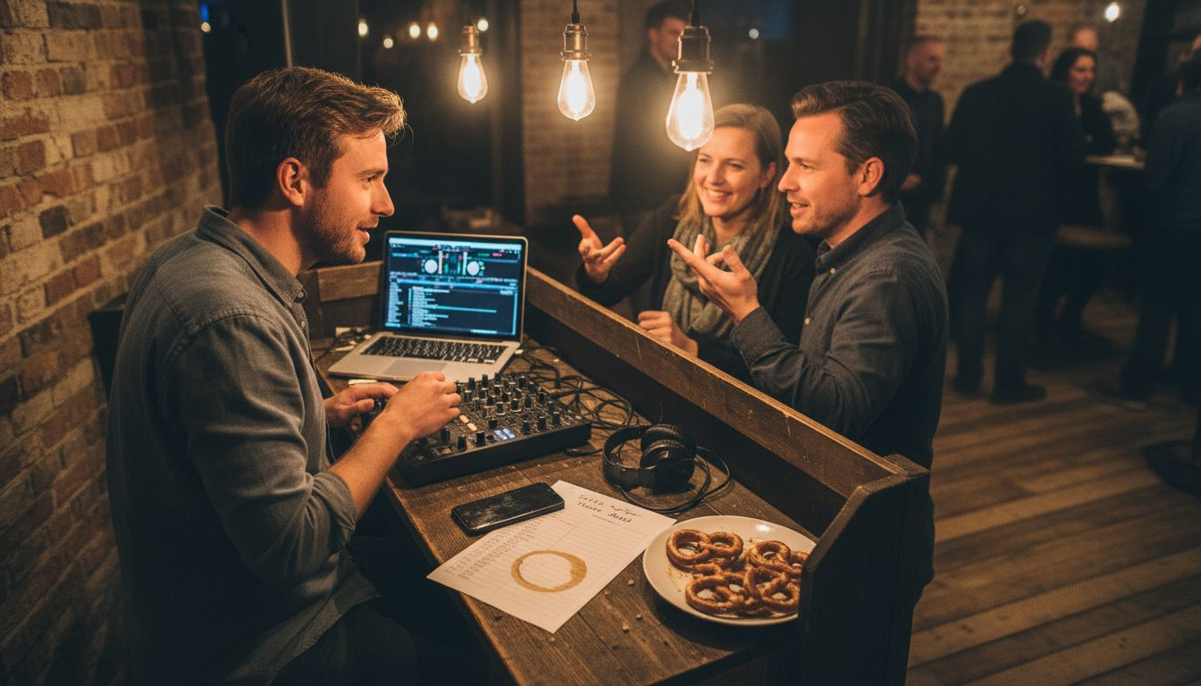 Was umfasst ein DJ-Angebot für Events in München 2 Der DJ tauscht sich mit den Gästen über Musikwünsche aus.