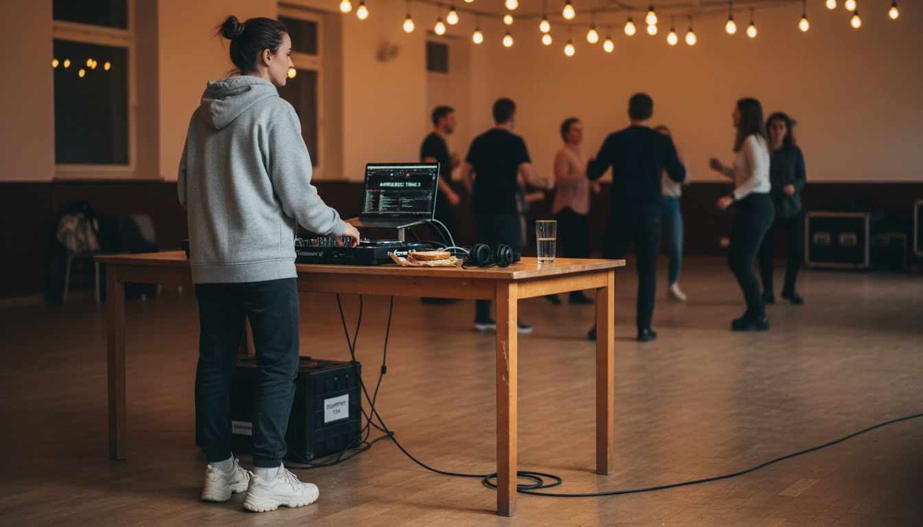 Der DJ legt den nächsten Track auf und geht dabei aktiv auf das Publikum ein.