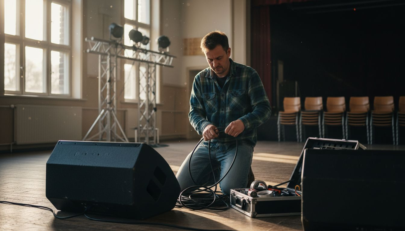 Schrittweise Hochzeitsplanung Musik: Perfekter Ablauf für Events 3 Ein DJ baut die Musikanlage für eine Hochzeitsfeier auf und sorgt dafür, dass der Sound perfekt eingestellt ist.