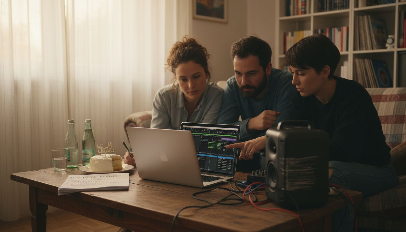 dj-anfrage workflow hochzeit: Der perfekte Ablauf erklärt 2 Ein Paar trifft sich mit dem DJ, um gemeinsam die Musikauswahl und das technische Equipment für ihre Feier durchzusprechen.