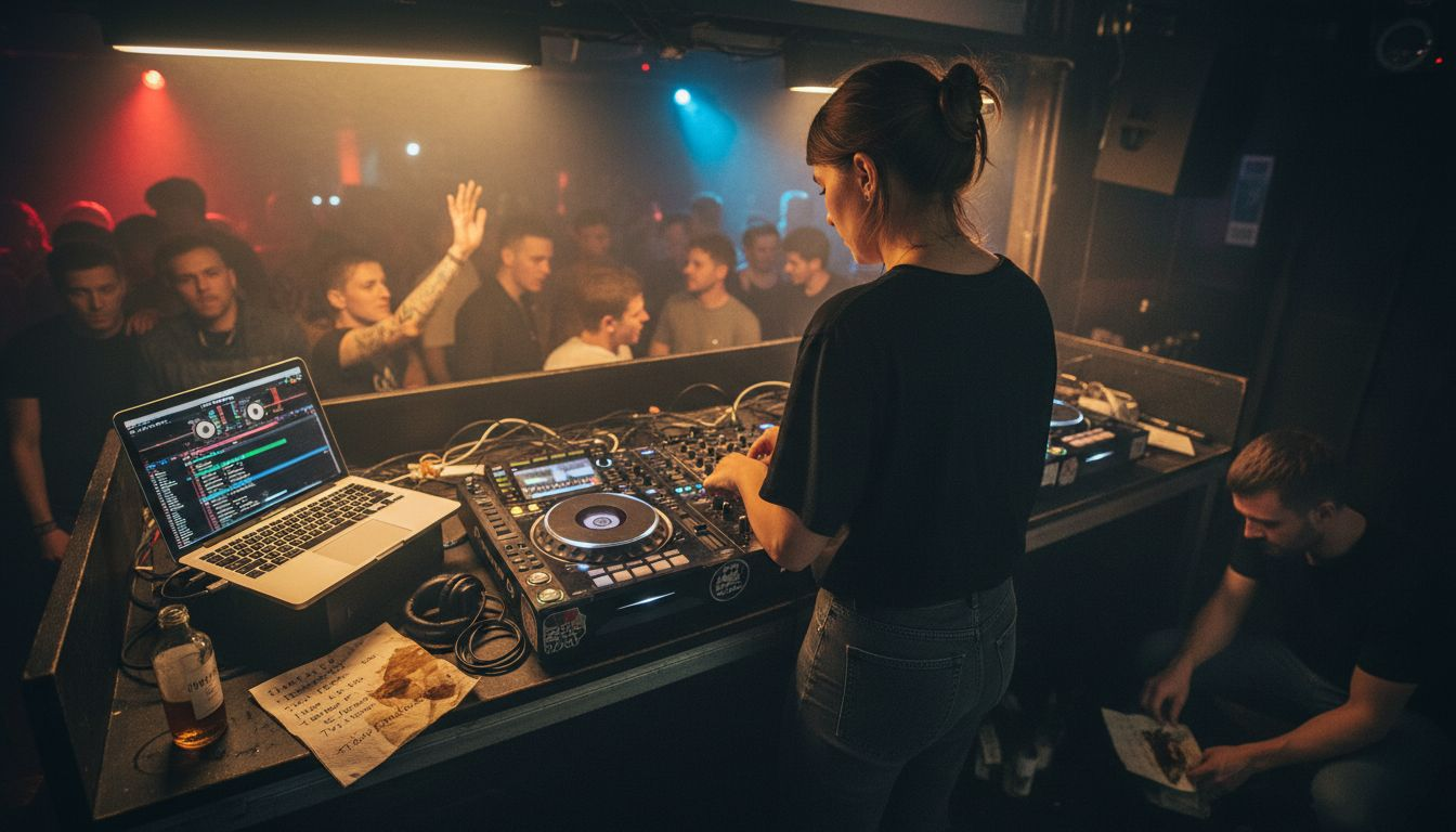 Ein DJ legt an seinem Mischpult auf, während die Tanzfläche voller energiegeladener Gäste ist.
