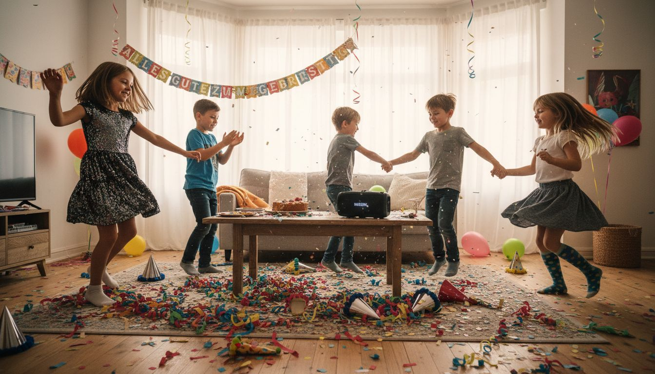Ablauf Geburtstagsfeier Musik optimal gestalten 2 Fröhliche Kinder tanzen ausgelassen auf einer Geburtstagsparty zu lauter Musik.