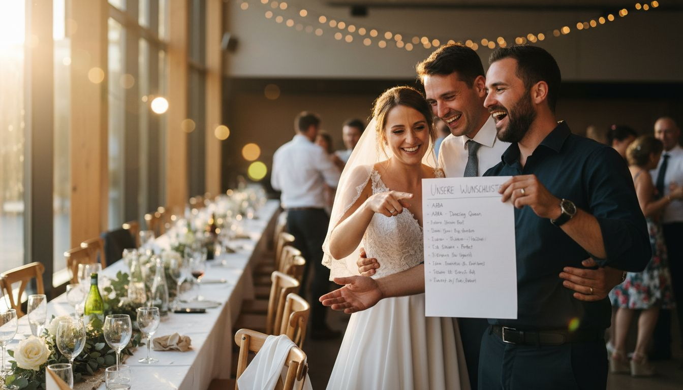 Bedeutung von Musikwünschen für Münchner Events 2 Ein Hochzeitspaar gibt dem DJ Musikwünsche für die Feier durch.