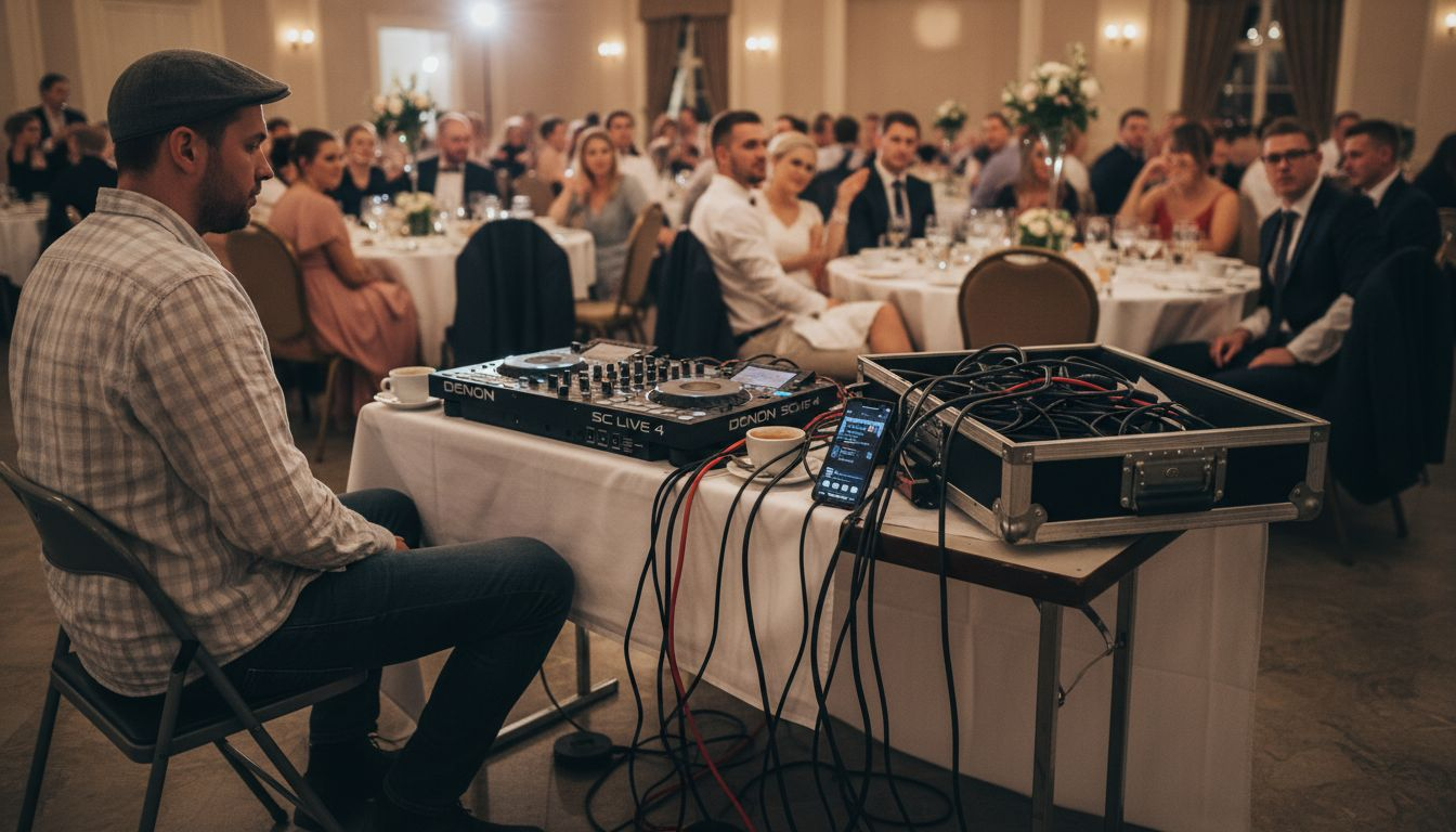 Der DJ stellt die Playlist für die Hochzeitsfeier zusammen.