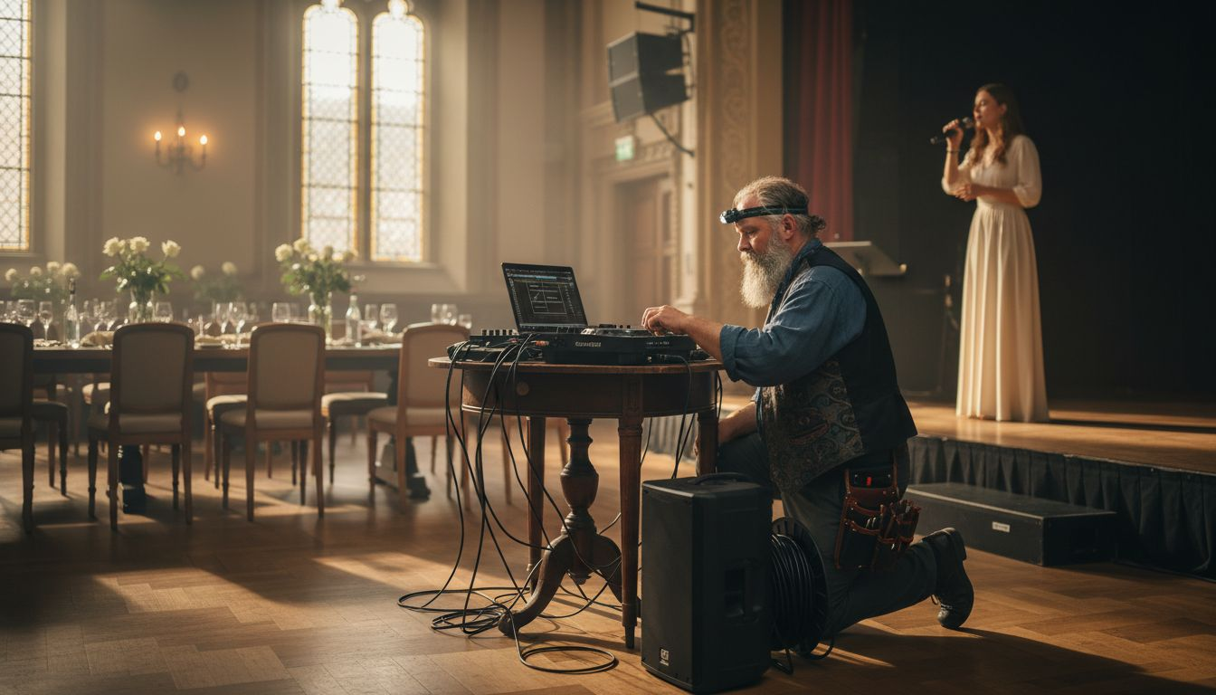 Der DJ macht einen Technik-Check, bevor die Hochzeitsfeier losgeht.