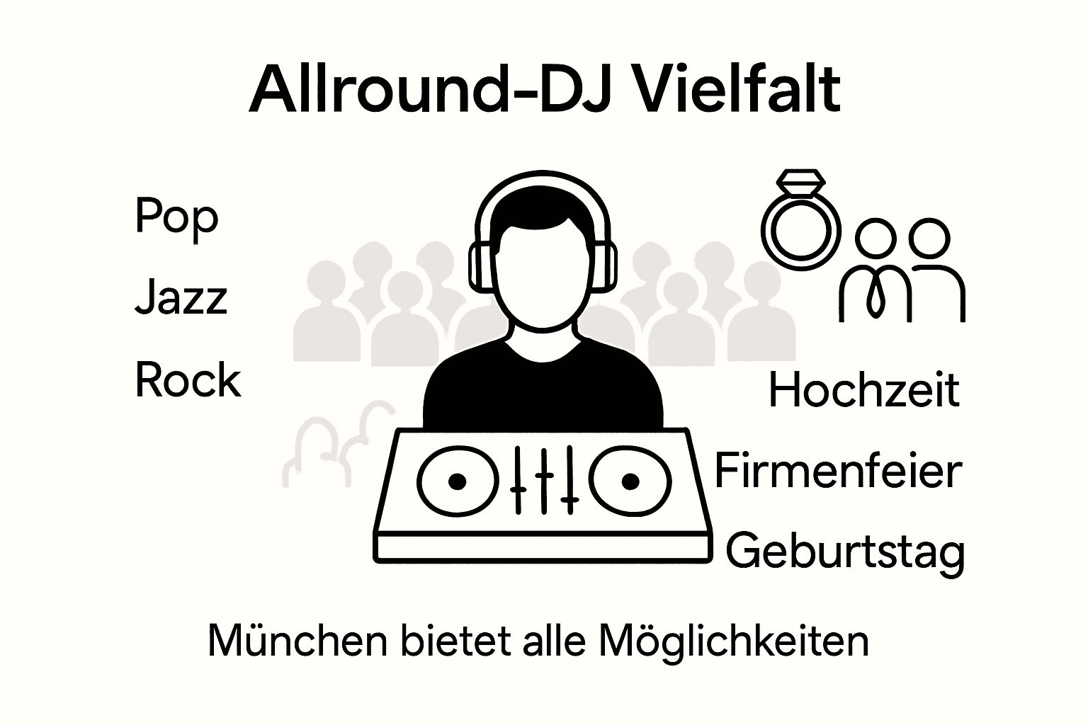 Was ist ein Allround-DJ? Vielseitigkeit für Events in München 2 Übersichtsgrafik: Die vielseitigen Fähigkeiten eines Allround-DJs auf einen Blick