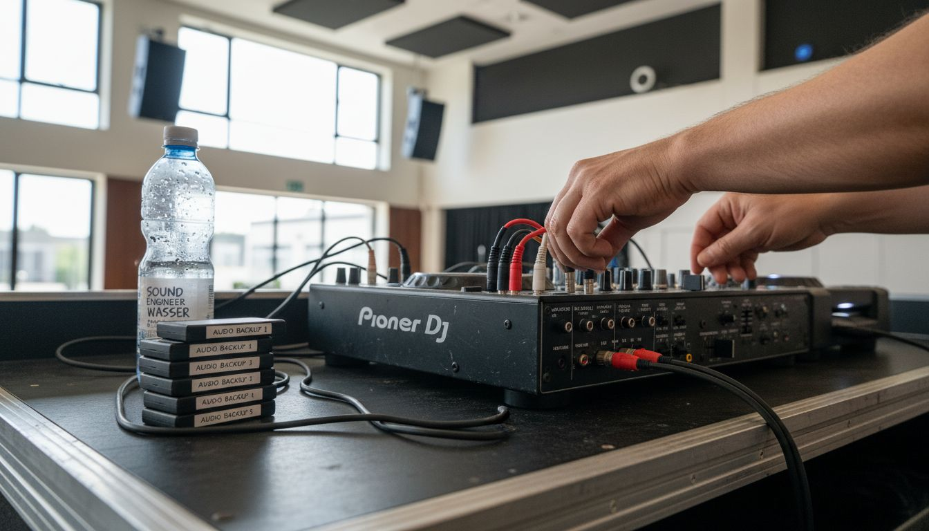 Ein DJ bereitet sein Equipment für den nächsten Auftritt vor und stellt die Technik präzise ein.