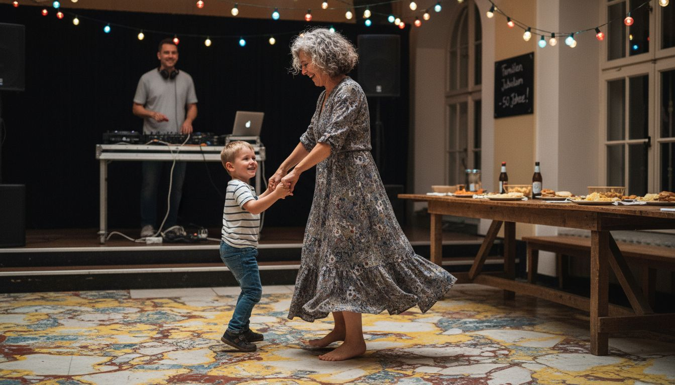 Rolle des DJs beim Jubiläum – Für unvergessliche Feiern 2 Bei der Jubiläumsfeier sorgt ein DJ für Stimmung, während die ganze Familie ausgelassen das Tanzbein schwingt.