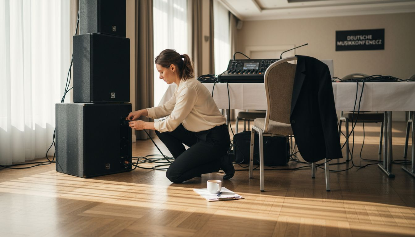 Der DJ kümmert sich um den Aufbau der Soundanlage für die Veranstaltung.