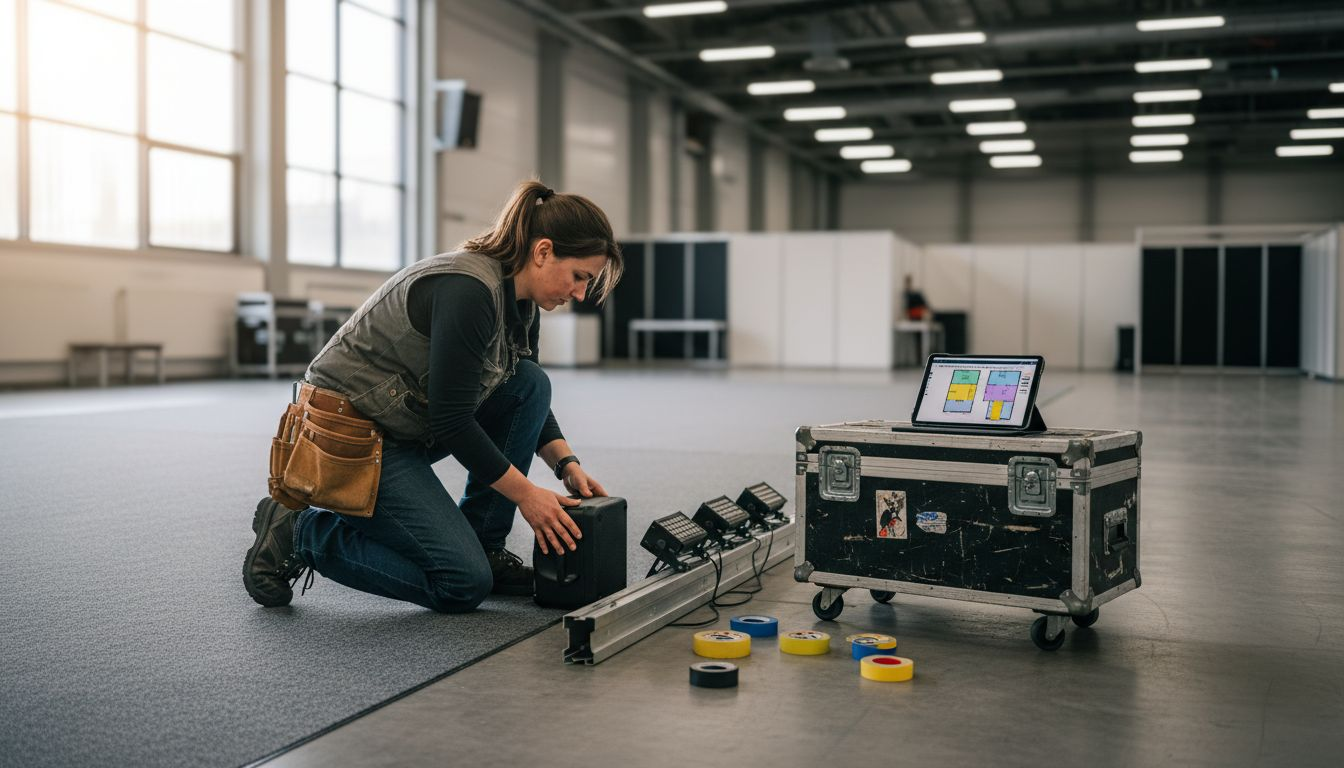 dj für messe event schritt für schritt: Erfolgreiche Eventgestaltung 2 Ein Veranstaltungstechniker bereitet die Ton- und Lichttechnik für das Event vor.