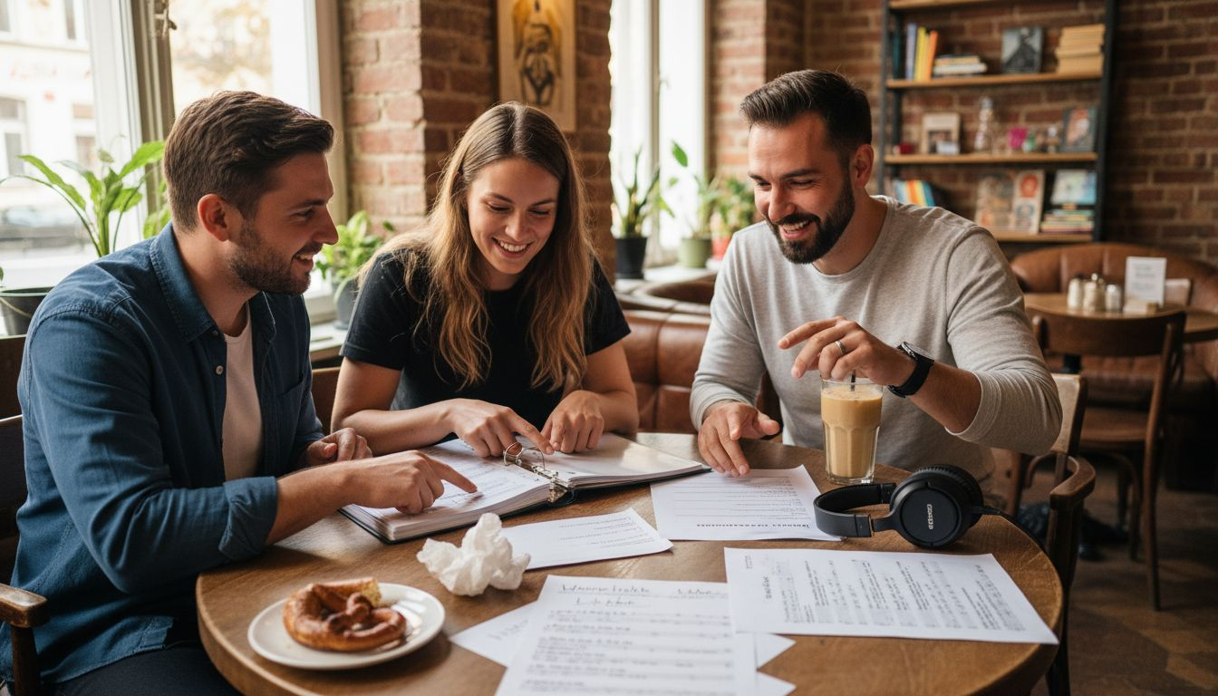 Preisgestaltung DJ-Service München – Was Sie erwartet 2 Ein DJ trifft sich mit Hochzeitspaaren in einem Münchner Café, um sie bei der musikalischen Gestaltung ihres großen Tages zu beraten.
