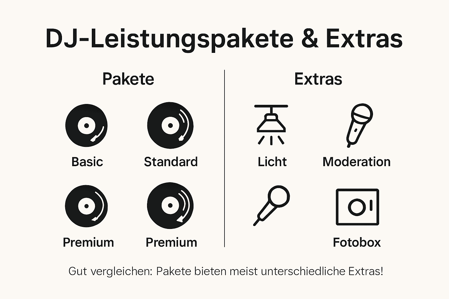Preisgestaltung DJ-Service München – Was Sie erwartet 3 Übersicht: Unsere DJ-Pakete und Zusatzoptionen auf einen Blick