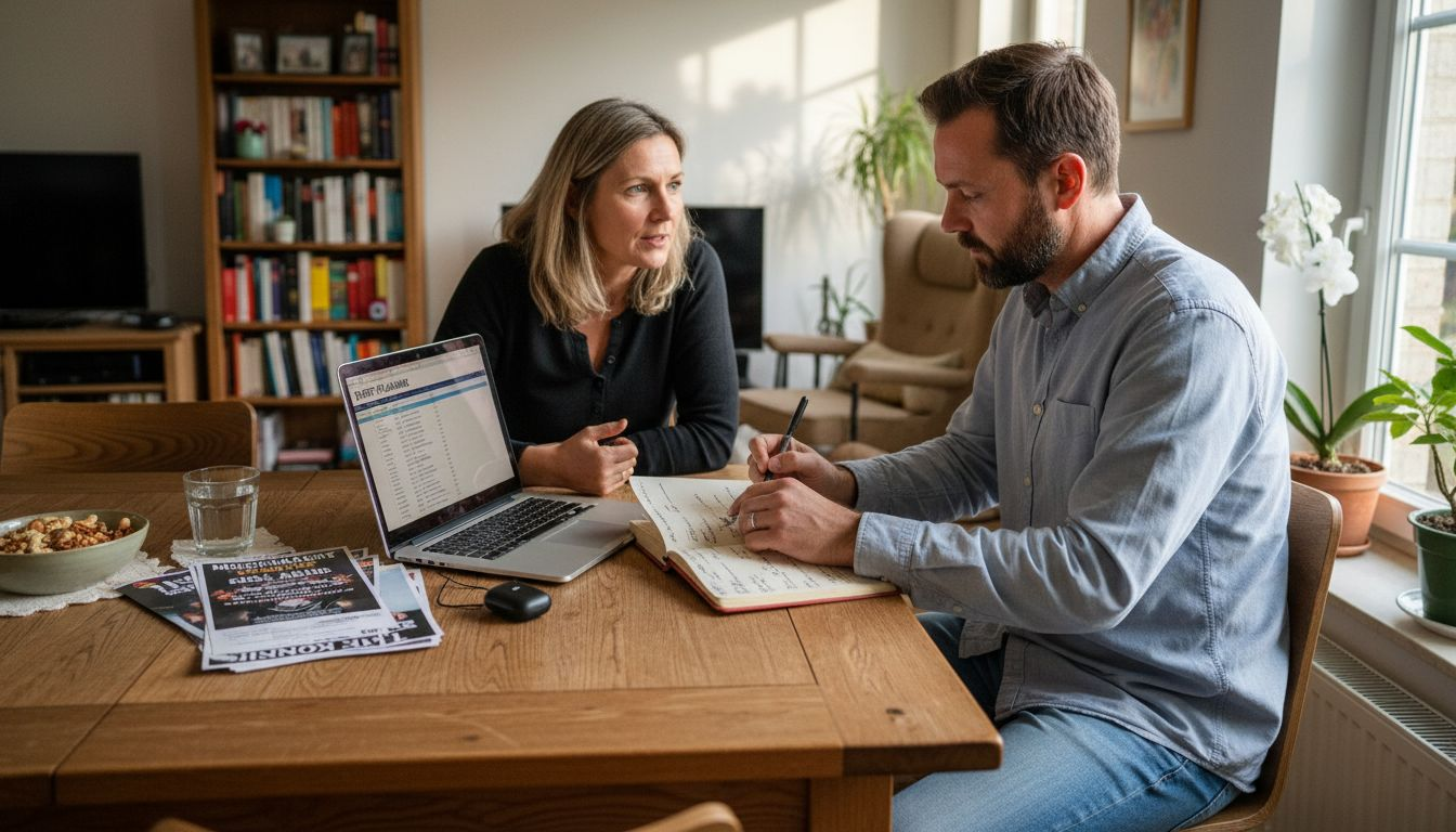 Ein DJ bespricht mit seinem Kunden am heimischen Esstisch die Details für die nächste Veranstaltung.
