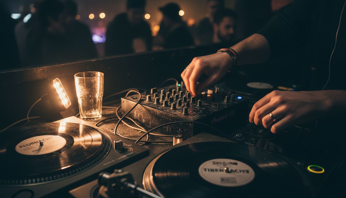 Nahaufnahme: Die Hände eines DJs bedienen das Mischpult.